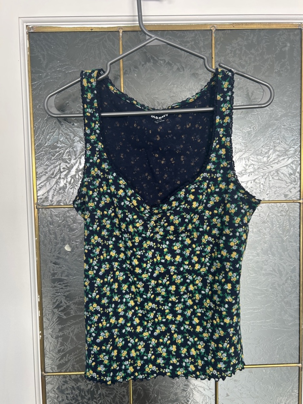 Old Navy Navy Floral Ditsy Tank Top with Yellow & Green Flowers